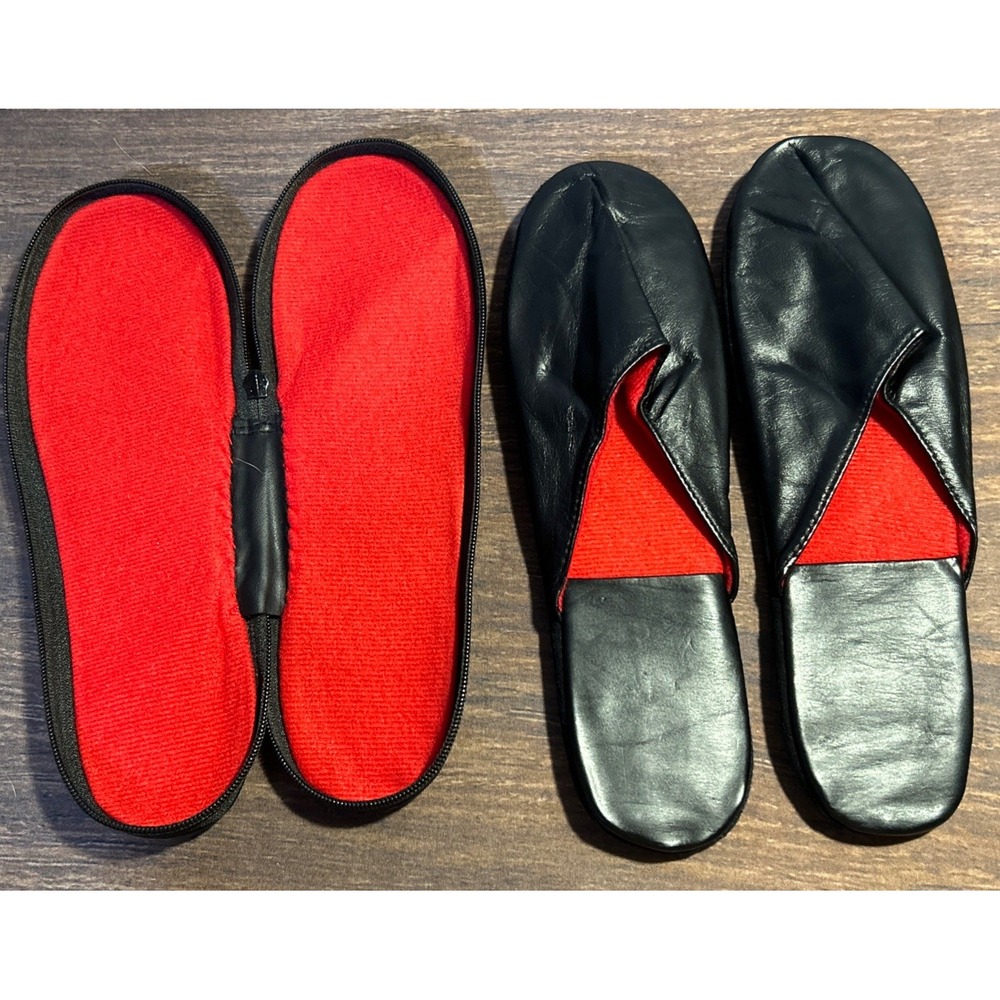 Vintage Black Leather Travel Slippers W/ Travel Bag Made in China Size M